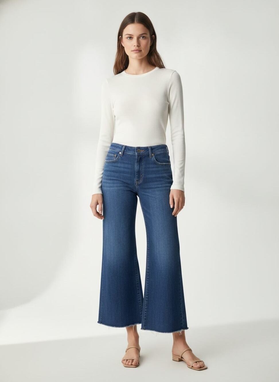 FRAME Le Palazzo Crop Wide Leg Jeans Blue Raw Fray Size 29